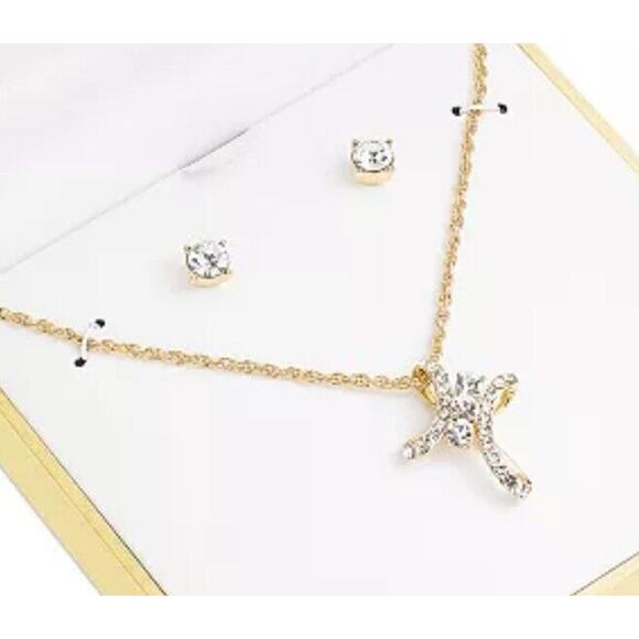 Gold Tone Cross Necklace Earrings (2 Piece Set) Crystal Pendant Studs Chic NWT - Picture 1 of 5